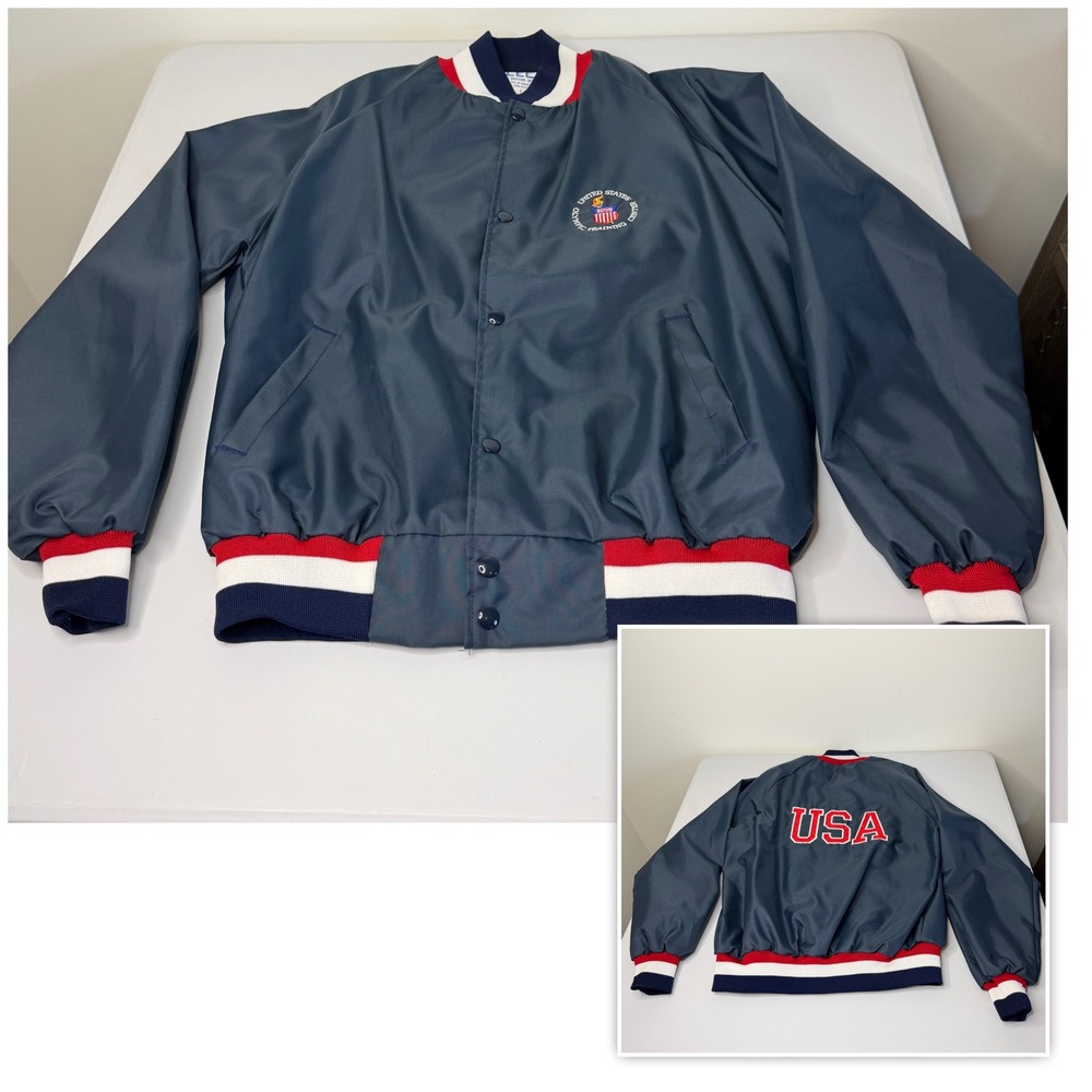 Vintage Lee USA Olympic Training Bomber Jacket Navy Blue Mens L, Made in USA